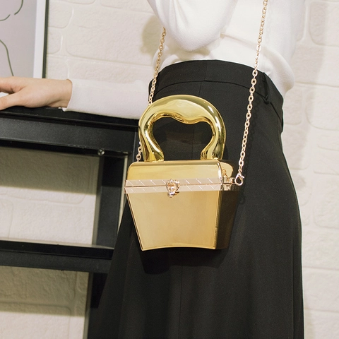 Damen Acryl Box Tasche Gold Metallisch Abend Clutch Tasche Einzigartiger Metallgriff Kleine Umhängetasche Kette Handtasche Für Party Bankett Hochzeit