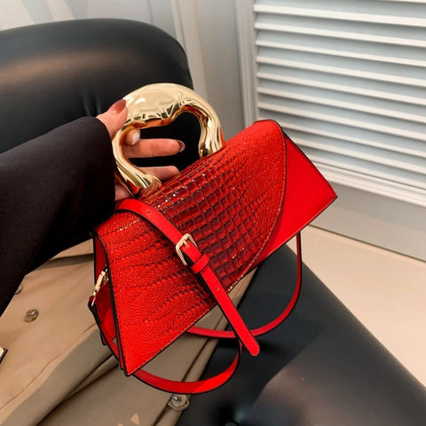 Bolso Bandolera Mujer Patrón Cocodrilo Cuero PU Mango Metal Irregular Solapa Asimétrica Bolso De Mano Elegante