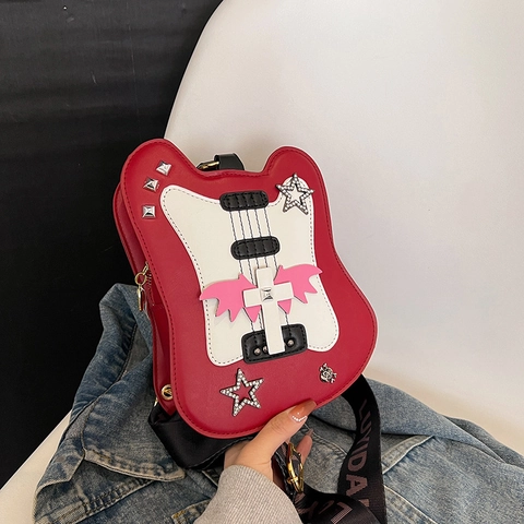 Guitar Shaped Crossbody Bag PU Leather Rivet Star Wing Y2K Punk Rock Novelty Shoulder Purse For Women