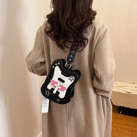 Guitar Shaped Crossbody Bag PU Leather Rivet Star Wing Y2K Punk Rock Novelty Shoulder Purse For Women