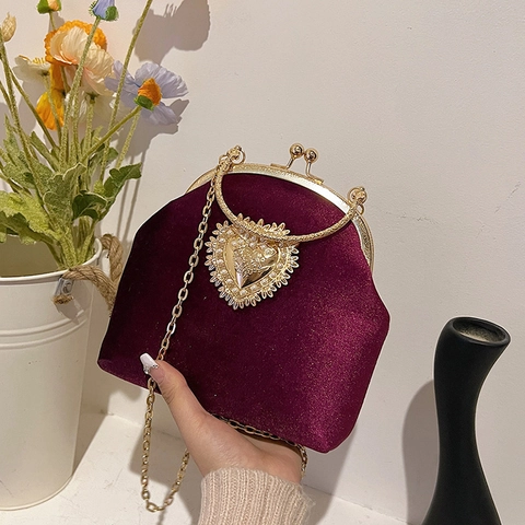 Vintage Fluwelen Crossbodytas Hart Kunstparel Decoratie Kiss-Lock Metalen Ketting Schouder Avondhandtas Voor Dames Retro Feest