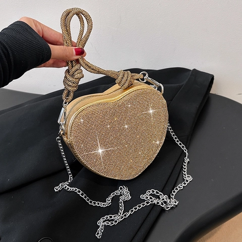 Herzförmige Strass Abendtasche Glänzende PU Diamante Umhängetasche Mit Kettenriemen Und Knotengriff Für Damen