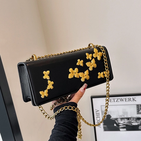 Elegante PU Leren Schoudertas Voor Dames Met Gouden 3D Vlinderdecoratie Rechthoekige Crossbody Tas Met Metalen Ketting