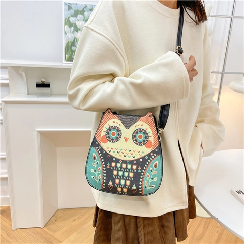Owl Shaped Crossbody Bag PU Leather Cartoon Kawaii Ethnic Pattern Shoulder Bag Adjustable Strap For Women Girls