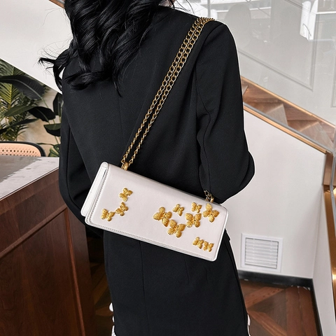 Elegante PU Leren Schoudertas Voor Dames Met Gouden 3D Vlinderdecoratie Rechthoekige Crossbody Tas Met Metalen Ketting