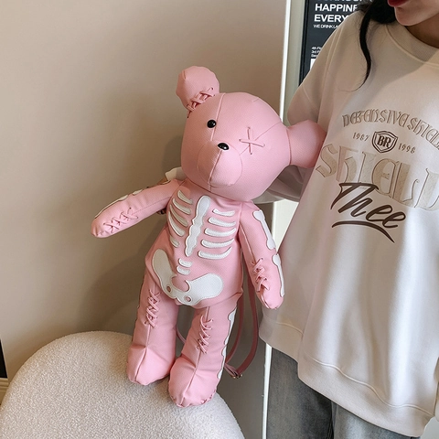 Zaino A Forma Di Orso Pelle PU Stampa Scheletro Teschio Stile Gothic Punk Per Donne Ragazze Borsa Da Viaggio