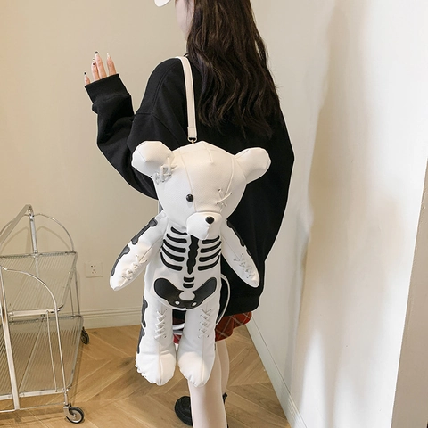 Zaino A Forma Di Orso Pelle PU Stampa Scheletro Teschio Stile Gothic Punk Per Donne Ragazze Borsa Da Viaggio