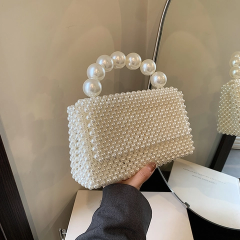 Elegante Gewebte Künstliche Perlen Abendtasche Für Damen Mit Großem Künstliche Perlen Griff Schulter Handtasche Weiß Klappe Hochzeit Party Zubehör