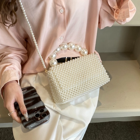 Elegante Gewebte Künstliche Perlen Abendtasche Für Damen Mit Großem Künstliche Perlen Griff Schulter Handtasche Weiß Klappe Hochzeit Party Zubehör