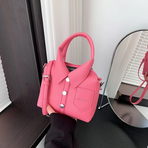 Borsa A Tracolla A Forma Di Camicia Pelle PU Grana Litchi Borsa A Mano Donna Novità Colletto Bottoni Tracolla Regolabile