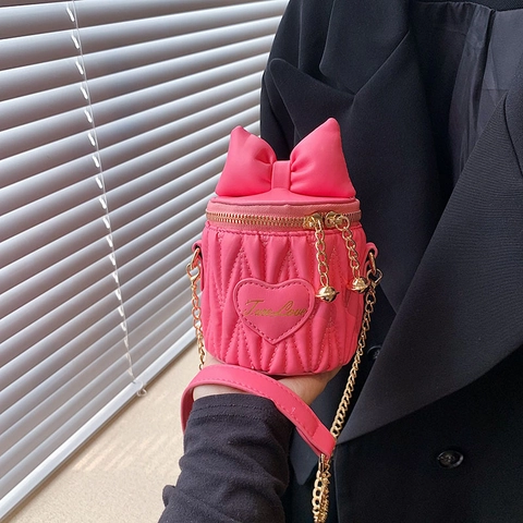 Mini Cylindrical Bucket Bag PU Leather Bow Heart Embroidery Quilted Chain Crossbody Shoulder Bag Sweet Girly Accessory