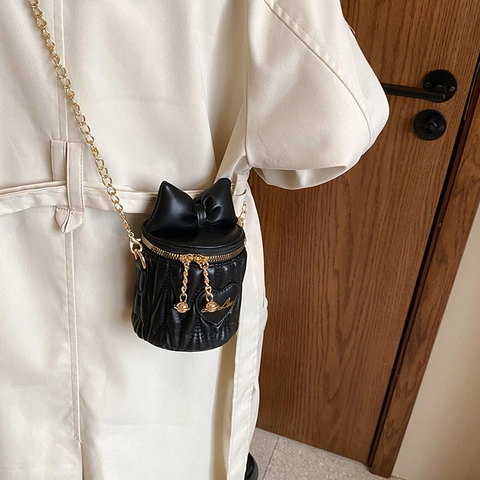 Mini Cylindrical Bucket Bag PU Leather Bow Heart Embroidery Quilted Chain Crossbody Shoulder Bag Sweet Girly Accessory