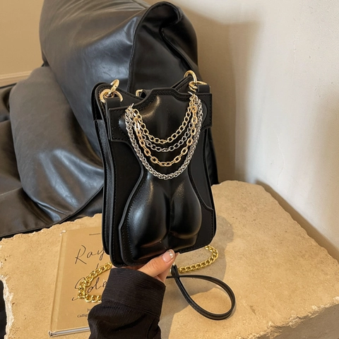 Female Torso Shaped Crossbody Bag PU Leather Artistic 3D Body Curve Small Shoulder Bag With Multi Layer Metal Chains