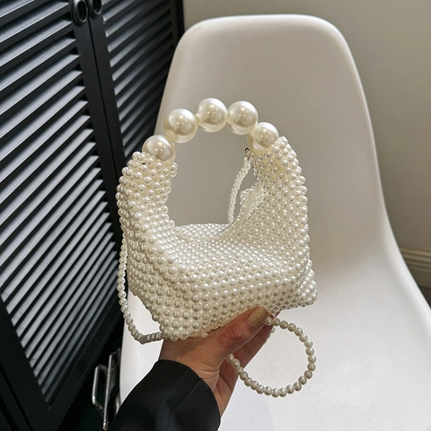 Mini Borsa A Mano In Künstliche Perle Artificiali Elegante Borsa A Tracolla Intrecciata Con Manico In Künstliche Perle E Catena Donna