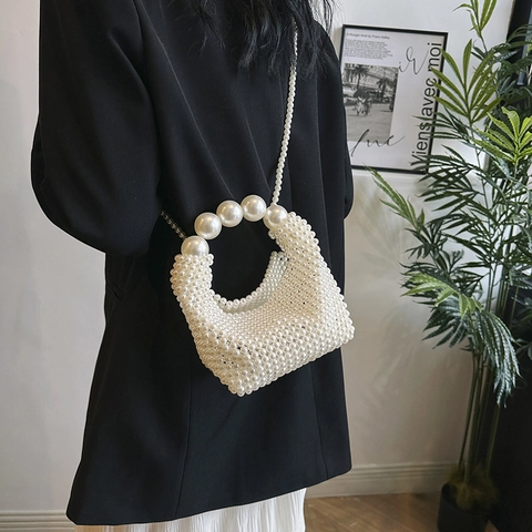Mini Borsa A Mano In Künstliche Perle Artificiali Elegante Borsa A Tracolla Intrecciata Con Manico In Künstliche Perle E Catena Donna