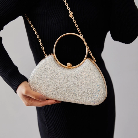 Pochette De Soirée À Paillettes Avec Grande Poignée Ronde En Métal Et Bandoulière Chaîne Amovible Pour Mariage Gala