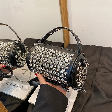 Sac à Bandoulière Cylindre en Strass pour Femmes Mode Rivet Cuir PU Porté Main Crossbody Fête Banquet Soirée Sac à Main Luxe
