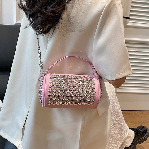 Sac à Bandoulière Cylindre en Strass pour Femmes Mode Rivet Cuir PU Porté Main Crossbody Fête Banquet Soirée Sac à Main Luxe