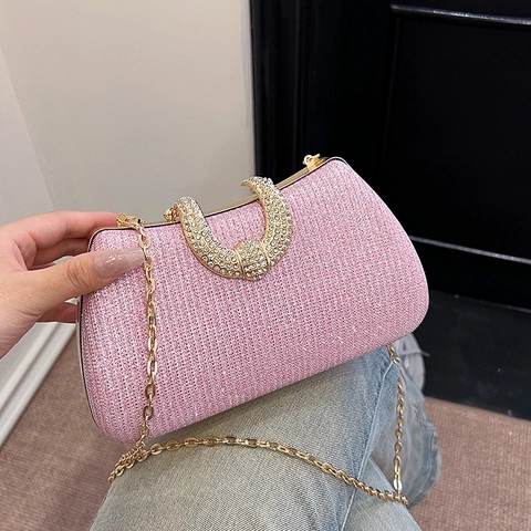 Women Luxury Glitter Evening Clutch Bag Sequined Purse Rhinestone Horseshoe Clasp Metal Chain For Wedding Party Banquet