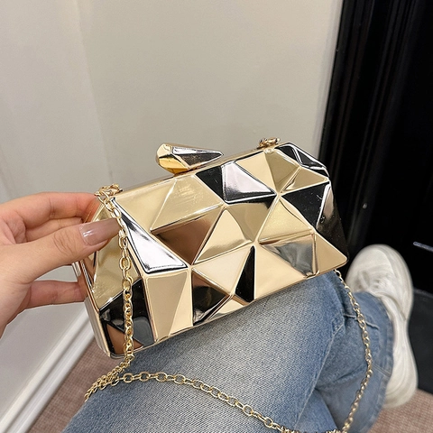 Bolso De Noche Geométrico Multifacético Textura De Espejo Metálico PVC Carcasa Rígida Cruzado Con Correa De Cadena Mujeres