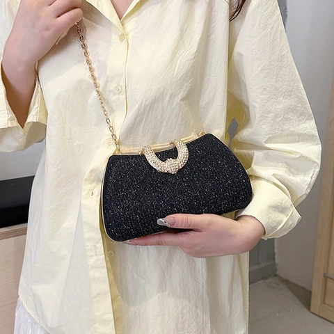 Women Luxury Glitter Evening Clutch Bag Sequined Purse Rhinestone Horseshoe Clasp Metal Chain For Wedding Party Banquet