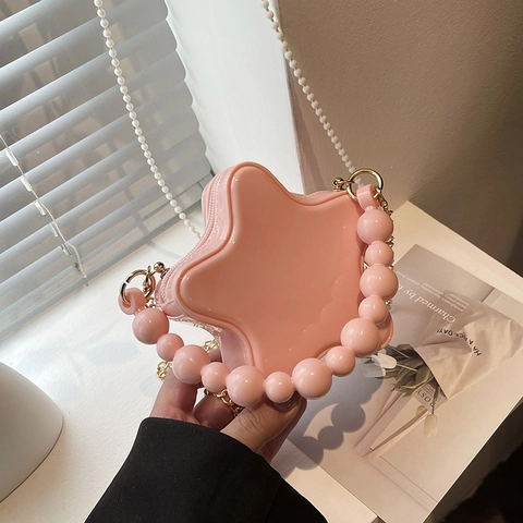 Mini Sac Bandoulière Étoile Cuir PU Brillant Poignée En Künstliche Perles Chaîne Métallique Sac À Main Mignon Pour Femmes Filles