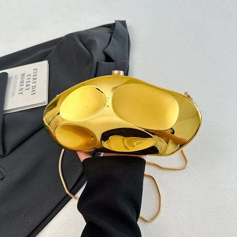 Irregular Fluid Shape Metallic Mirror Acrylic Evening Clutch Bag With Detachable Snake Chain For Women Party Wedding Luxe