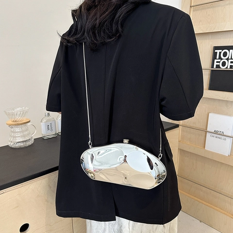Irregular Fluid Shape Metallic Mirror Acrylic Evening Clutch Bag With Detachable Snake Chain For Women Party Wedding Luxe