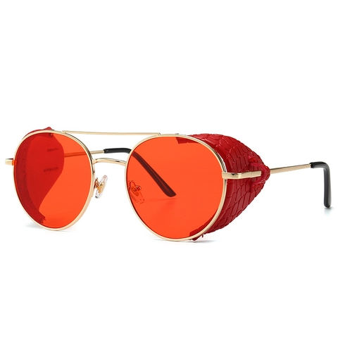 Steampunk Sunglasses Retro Round Metal Frame With Leather Side Shields Vintage Gothic UV400 Gradient Lens For Men Women