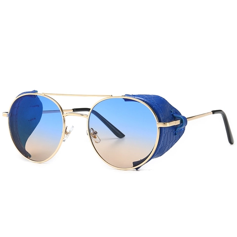 Steampunk Sunglasses Retro Round Metal Frame With Leather Side Shields Vintage Gothic UV400 Gradient Lens For Men Women