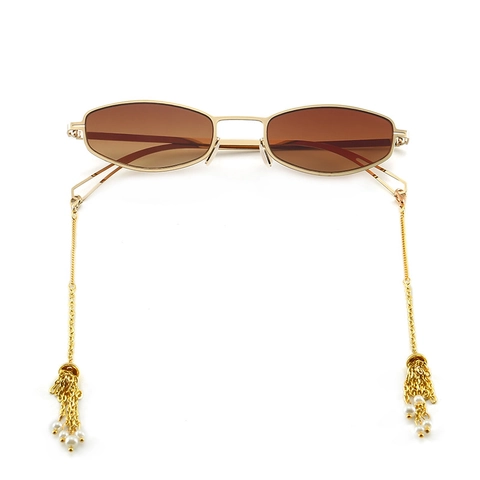Gafas De Sol Moda Montura Metálica Lentes PC Protección UV400 Geométrica Ovalada Retro Cadena Desmontable Perlas Artificiales Borla