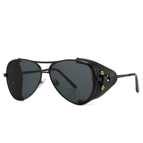 Steampunk Aviator Sunglasses Metal Frame PC Lens Leather Side Shields Windproof Vintage Retro Eyewear For Men Women