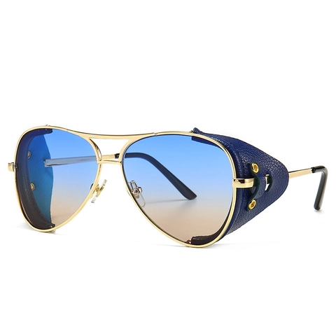 Steampunk Aviator Sunglasses Metal Frame PC Lens Leather Side Shields Windproof Vintage Retro Eyewear For Men Women