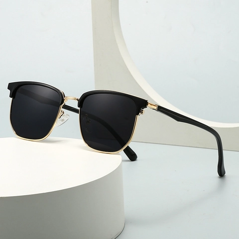 Lunettes De Soleil Polarisées Hommes Femmes Retro Clubmaster Demi Monture Plastique Métal Protection UV400 Plein Air