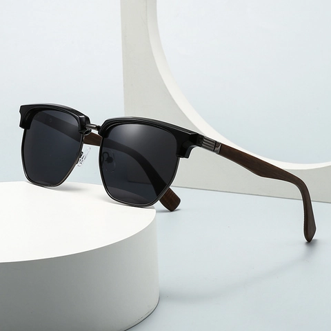 Lunettes De Soleil Polarisées Rétro Hommes Femmes Classique Clubmaster Demi Monture Lunettes Grain De Bois UV400 Protection