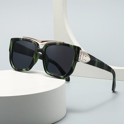 Retro Quadratische Sonnenbrille Damen UV400 Schutz Großer Rahmen Marmormuster Metalldekor Vintage Moderne Brille