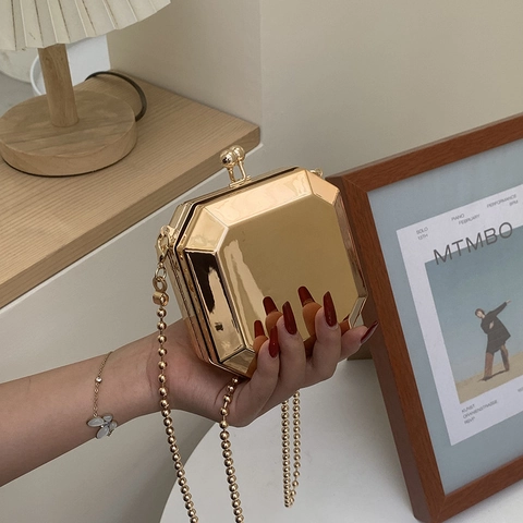Octagon Evening Clutch Bag Metallic Gold Hard Shell Mirror Finish With Bead Chain Strap For Wedding Party Social