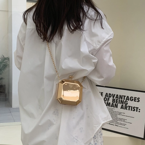 Octagon Evening Clutch Bag Metallic Gold Hard Shell Mirror Finish With Bead Chain Strap For Wedding Party Social
