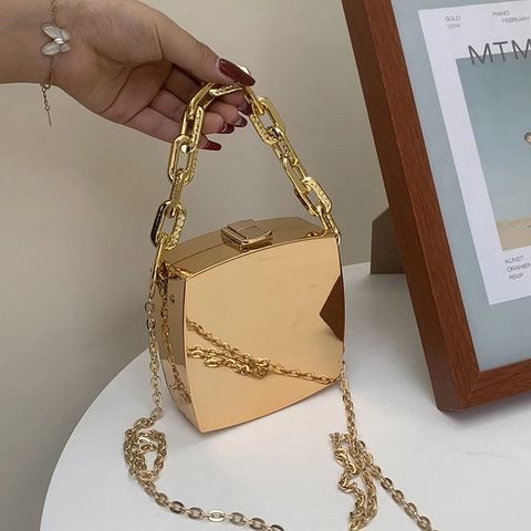 Mini Borsa A Scatola Quadrata In Metallo Lucido Con Manico A Catena Grossa E Tracolla Rimovibile Da Donna Per Serata