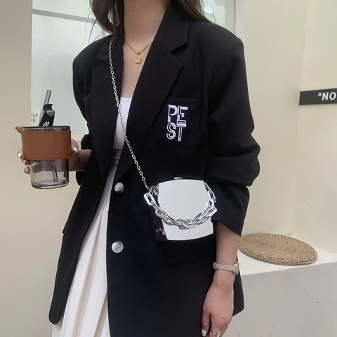 Mini Borsa A Scatola Quadrata In Metallo Lucido Con Manico A Catena Grossa E Tracolla Rimovibile Da Donna Per Serata