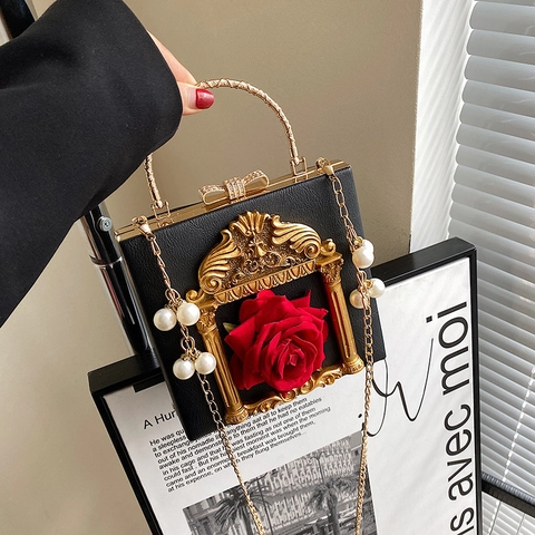 Elegante Damen Abendtasche Box PU Leder Barock Engel 3D Rose Relief Künstliche Perlenkette Riemen Crossbody Handtasche