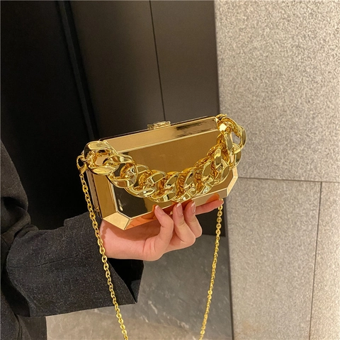 Women Evening Clutch Bag Acrylic Mirror Geometric Box Chunky Chain Crossbody Fashion Party Small Square Handbag