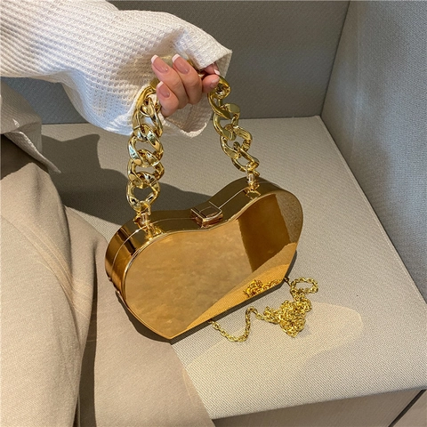 Herzförmige Spiegel Metall Abendtasche Goldene Clutch Mit Kettengurt Für Hochzeit Party Modische Frauen