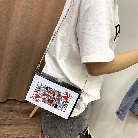 Novelty Playing Card Print Box Crossbody Bag PU Leather Heart Poker Design Shoulder Purse With Chain Strap For Women
