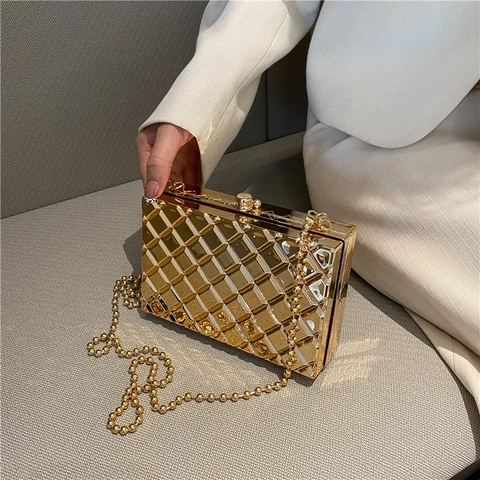Damen Abend Clutch Tasche Metallic Diamant Gitter Geometrisch Hartschalenbox Handtasche Mit Kettengurt Für Party