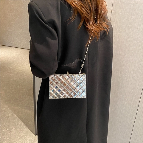 Damen Abend Clutch Tasche Metallic Diamant Gitter Geometrisch Hartschalenbox Handtasche Mit Kettengurt Für Party