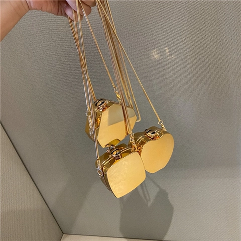 Mini Borsa Da Sera Oro Specchio Lucido Acrilico Piccola Borsa A Tracolla Catena Cuore Quadrato Forma Geometrica Accessorio Festa Donna