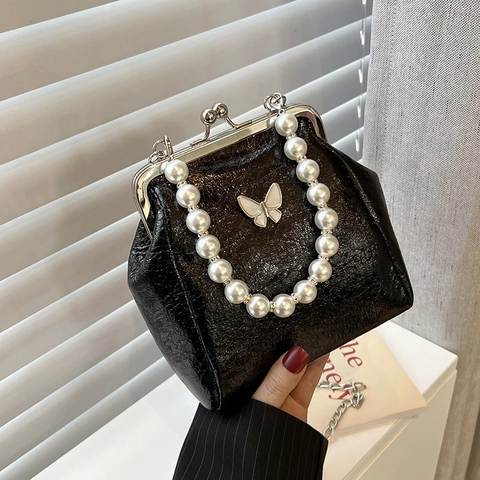 Borsa a Tracolla in Pelle PU Vintage Manico in Perla Artificial Decoro a Farfalla per Donna Borsa a Mano con Chiusura Kiss Lock