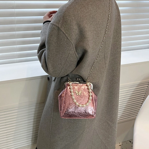 Borsa a Tracolla in Pelle PU Vintage Manico in Perla Artificial Decoro a Farfalla per Donna Borsa a Mano con Chiusura Kiss Lock