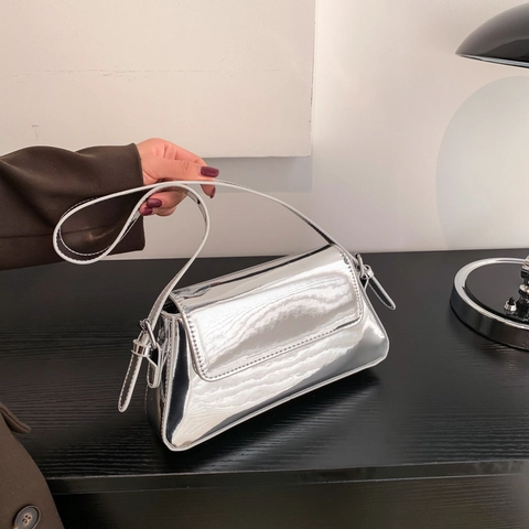 Dames Glanzende Mirror PU Leren Okseltas Trendy Baguette Schoudertas Minimalistische Y2K Stijl Flap Handtas